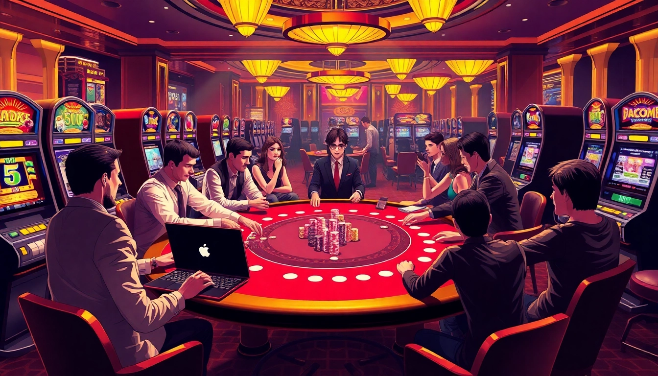Experience the excitement of casino en ligne fiable at a high-stakes poker table with players and vibrant slot machines.