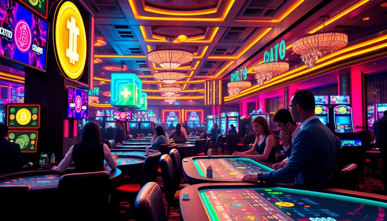 Plongez dans les crypto casinos avec des joueurs animés dans un casino moderne, illuminé par des lumières néon.