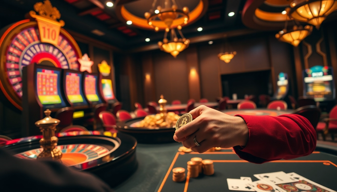 Experience a vibrant casino crypto scene with elegant tables, bright slot machines, and excited players.