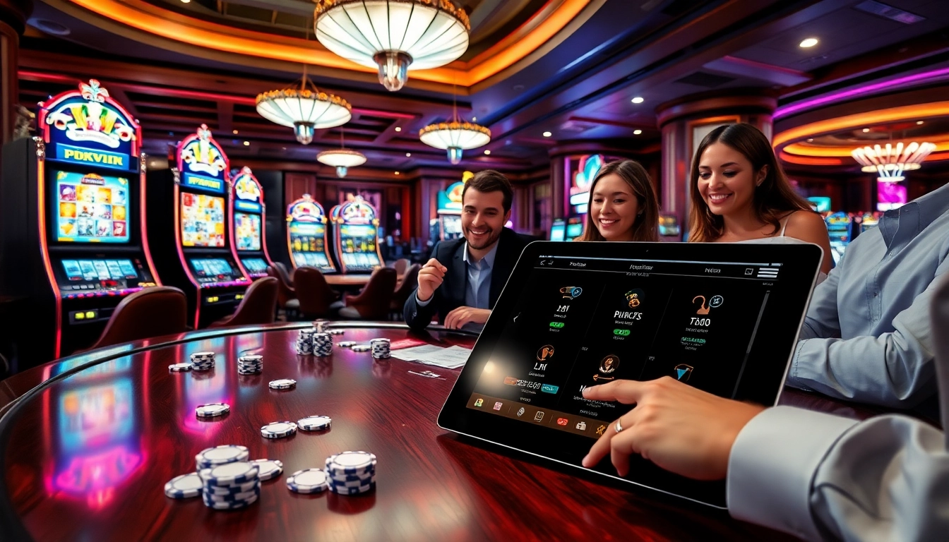 Players enjoying the thrilling experience of rikvip in a luxurious casino setting with vibrant decor.