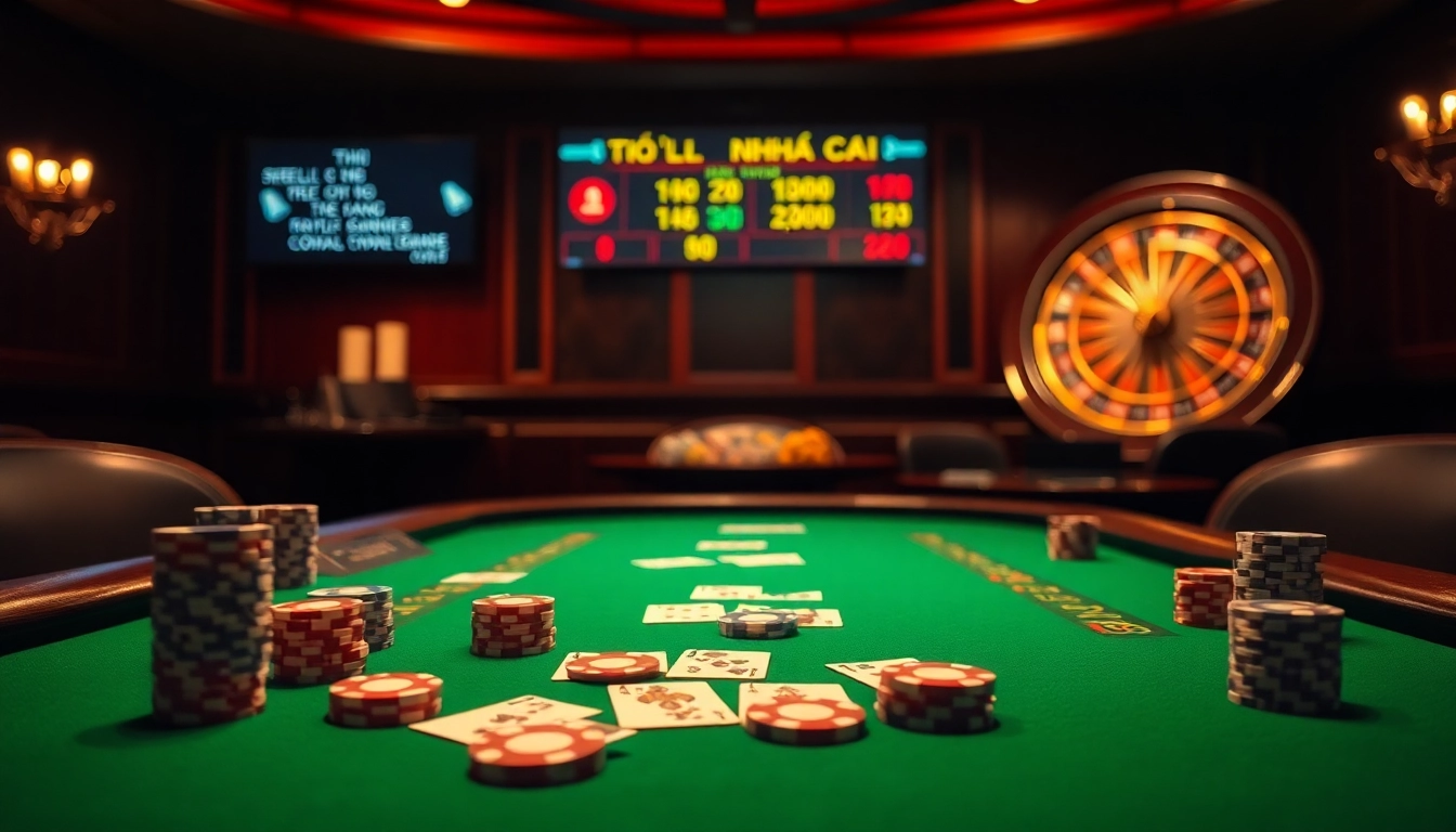 Exciting betting environment showcasing tỷ lệ nhà cái on poker table with chips and cards.