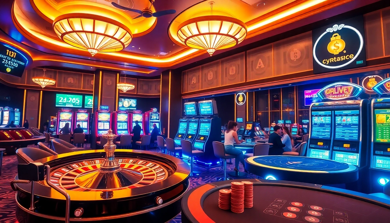 Experience the excitement of crypto casinos with vibrant digital gaming tables and glowing slot machines.