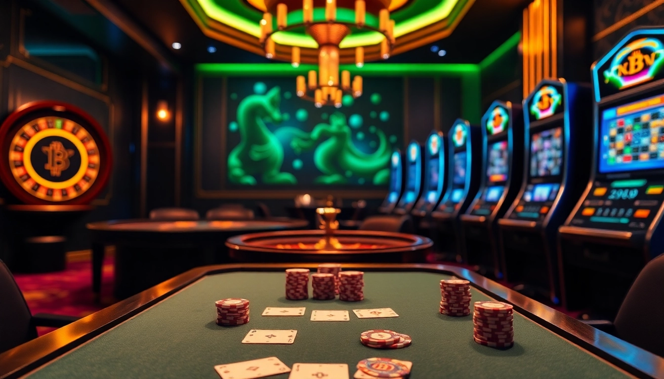 Engaged player enjoying casino crypto games at a luxurious poker table, highlighted by vibrant slot machines.