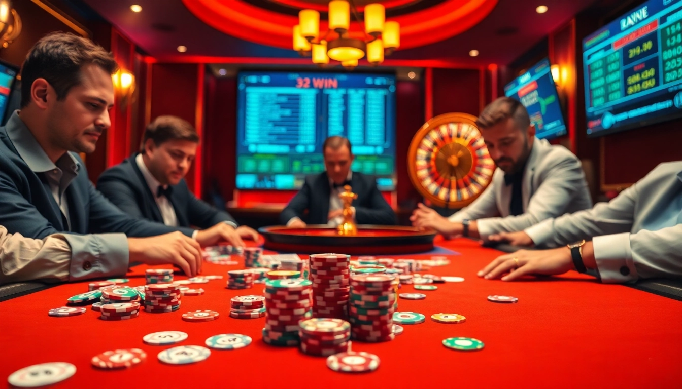 Experience the excitement of "32 win" at a vibrant casino poker table, with colorful chips and intense gameplay.