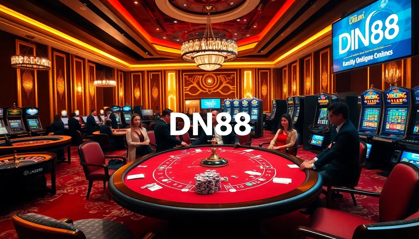 Exciting casino scene showing gamblers at a poker table with DN88 chips, showcasing thrills and luxury.