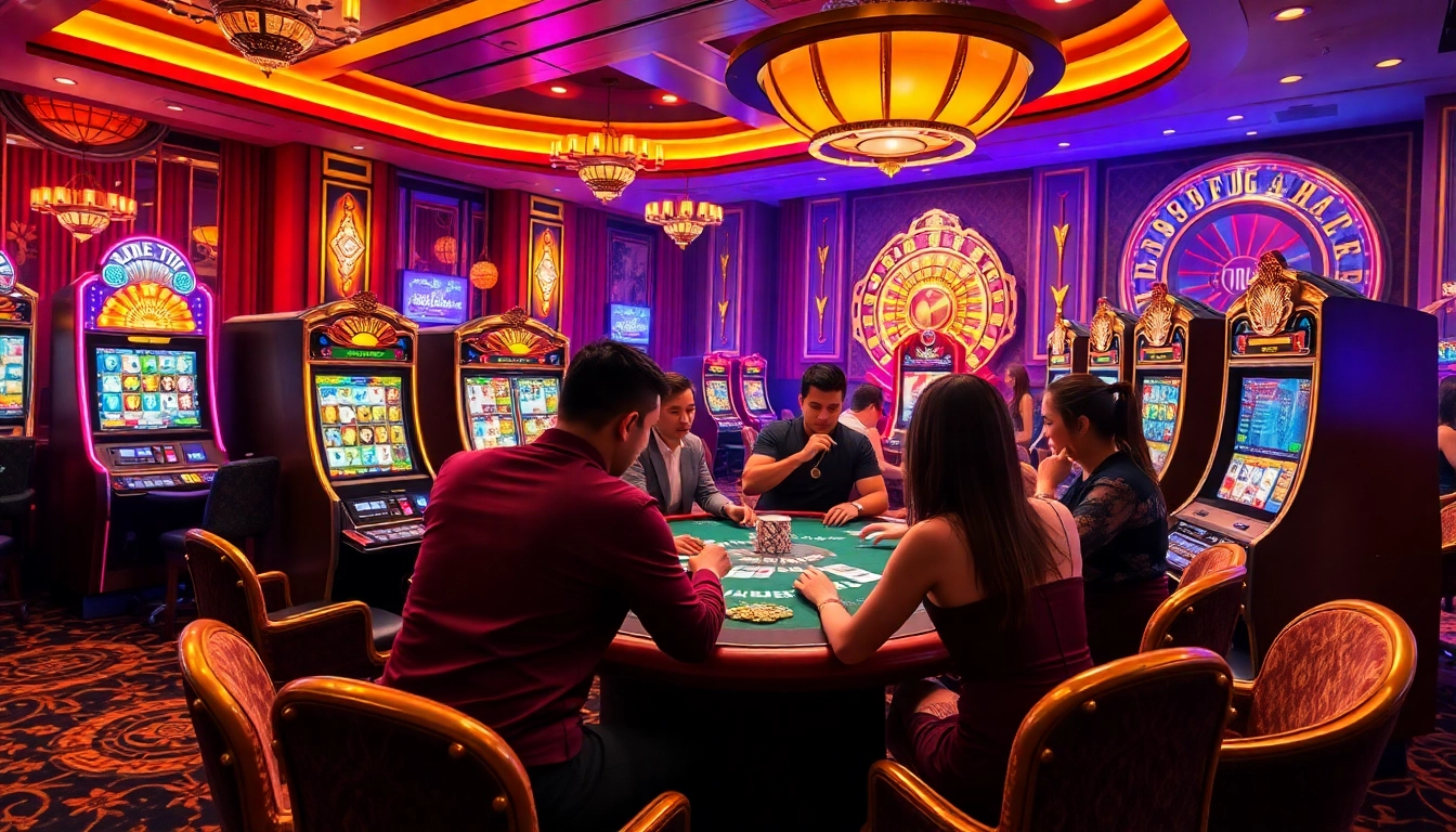Players celebrate wins while engaging in an exciting nổ hũ game session at a vibrant casino.