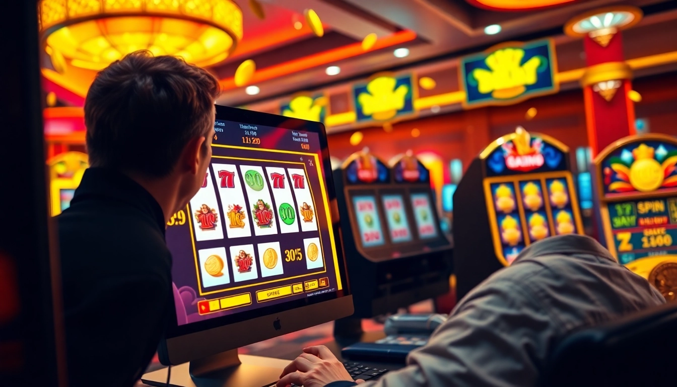 Jouer aux machines à sous en ligne en argent réel avec un décor de casino vibrant et des jeux captivants.