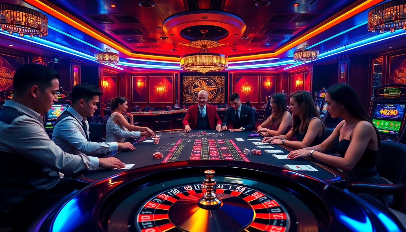 Bk33 club poker table action with professional dealers and lively players enjoying a vibrant casino atmosphere.