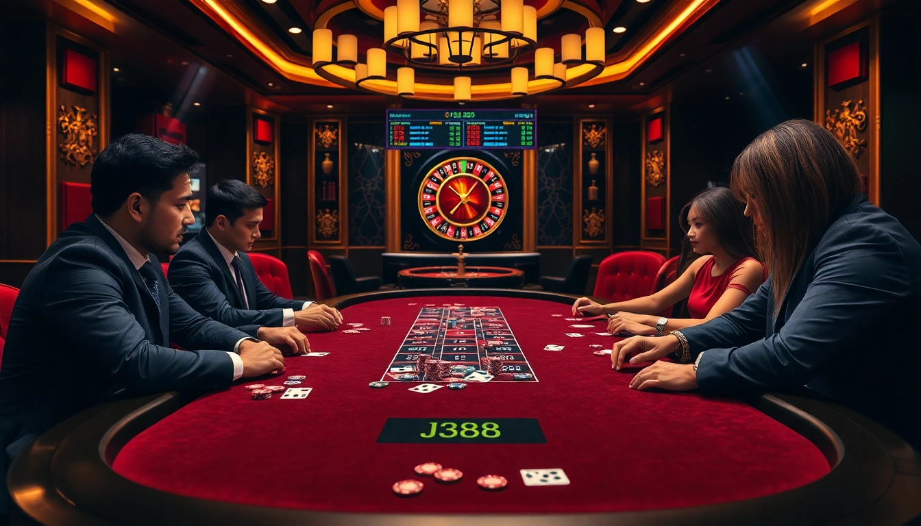 Experience high-stakes poker action at https://j88.gives/, featuring elegant tables and vibrant chips.