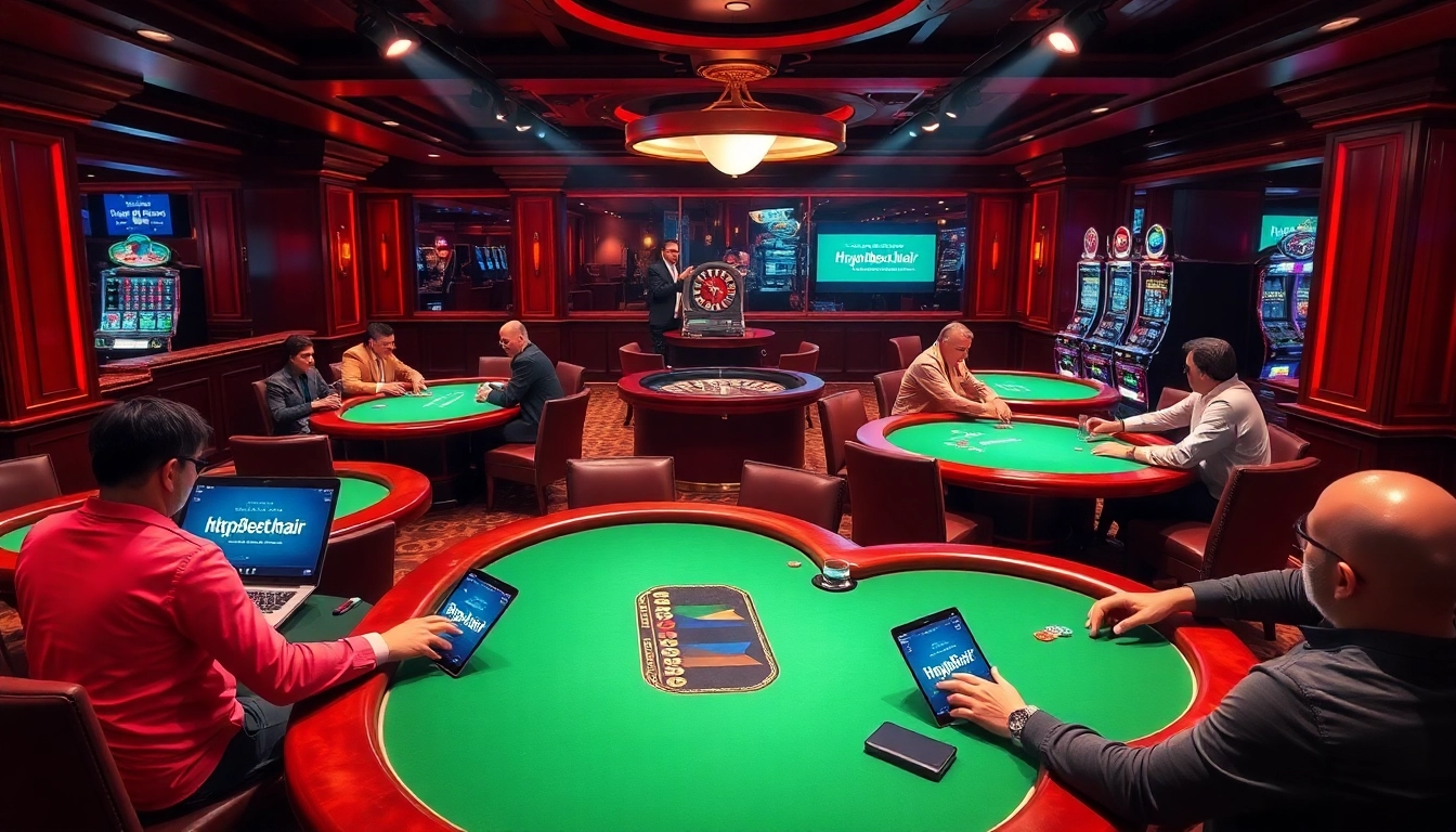 Engaging image of a luxurious casino scene featuring poker tables and slot machines with https://8kbet.hair/ displayed.