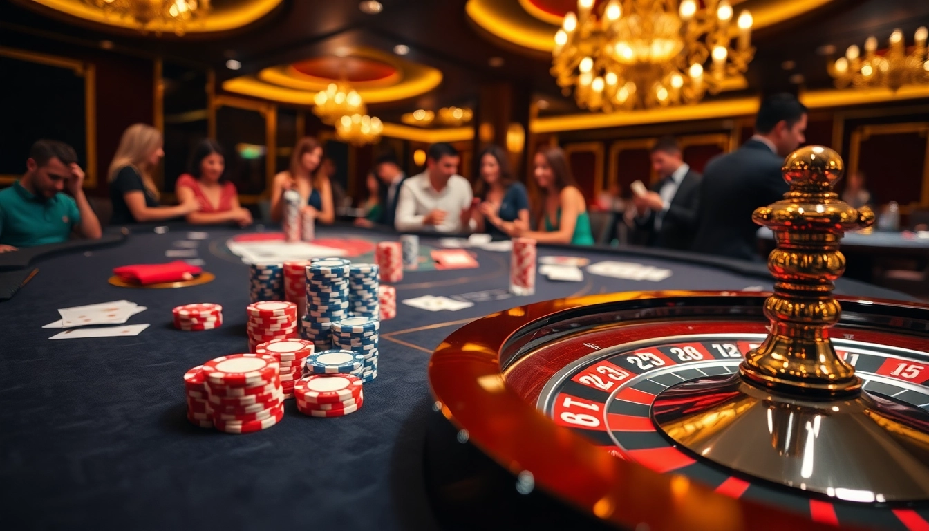Gamblers enjoying a luxurious atmosphere at 28bet with poker chips and a roulette wheel.