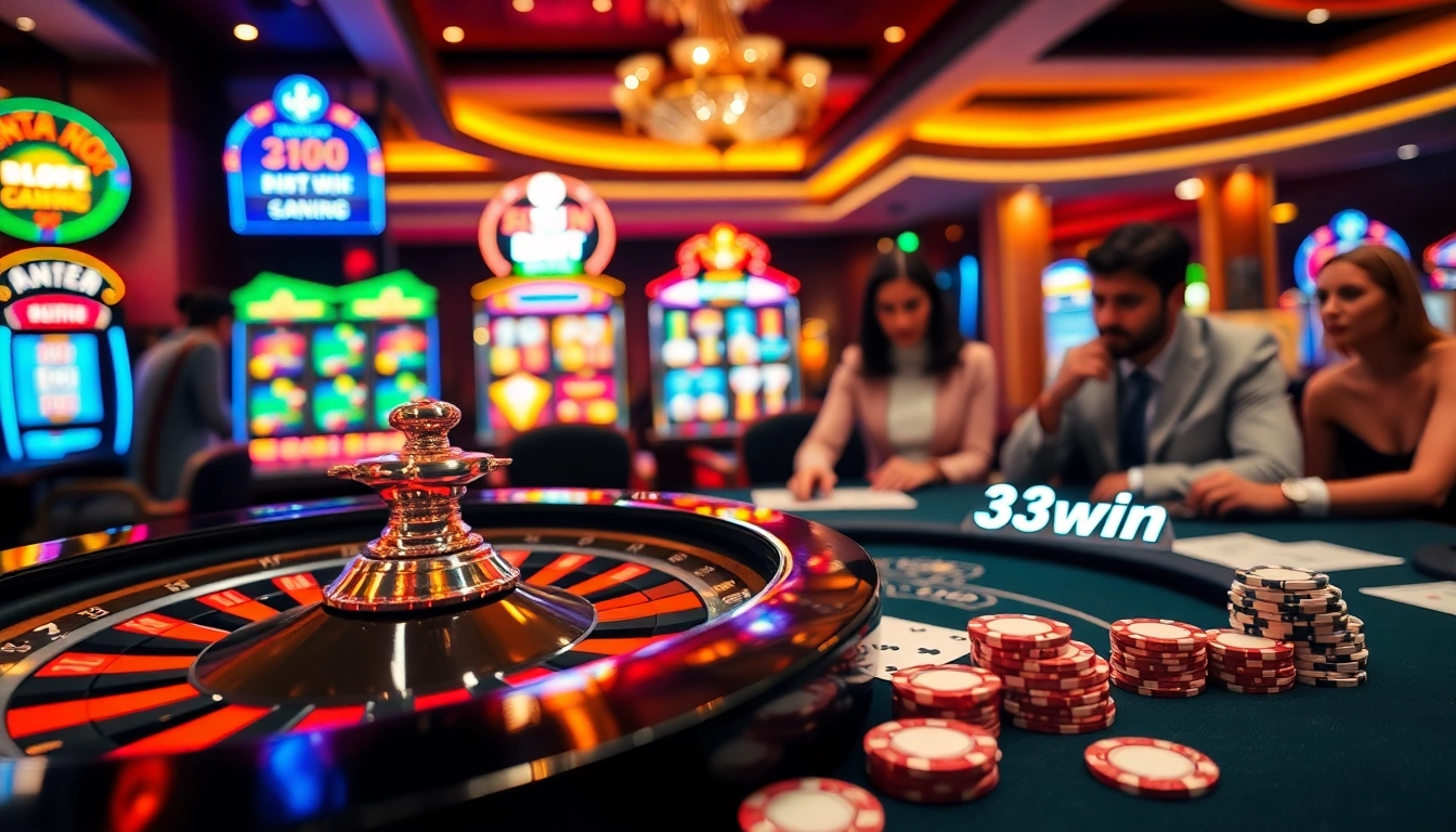 Gamblers enjoy a thrilling session at 33win.com casino, showcasing vibrant poker chips and roulette.