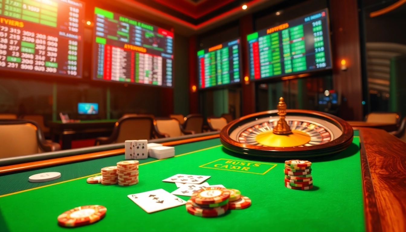 Engaging gambling scene with a table setup representing Nhà cái uy tín QQ88, showcasing cards, chips, and roulette wheel.