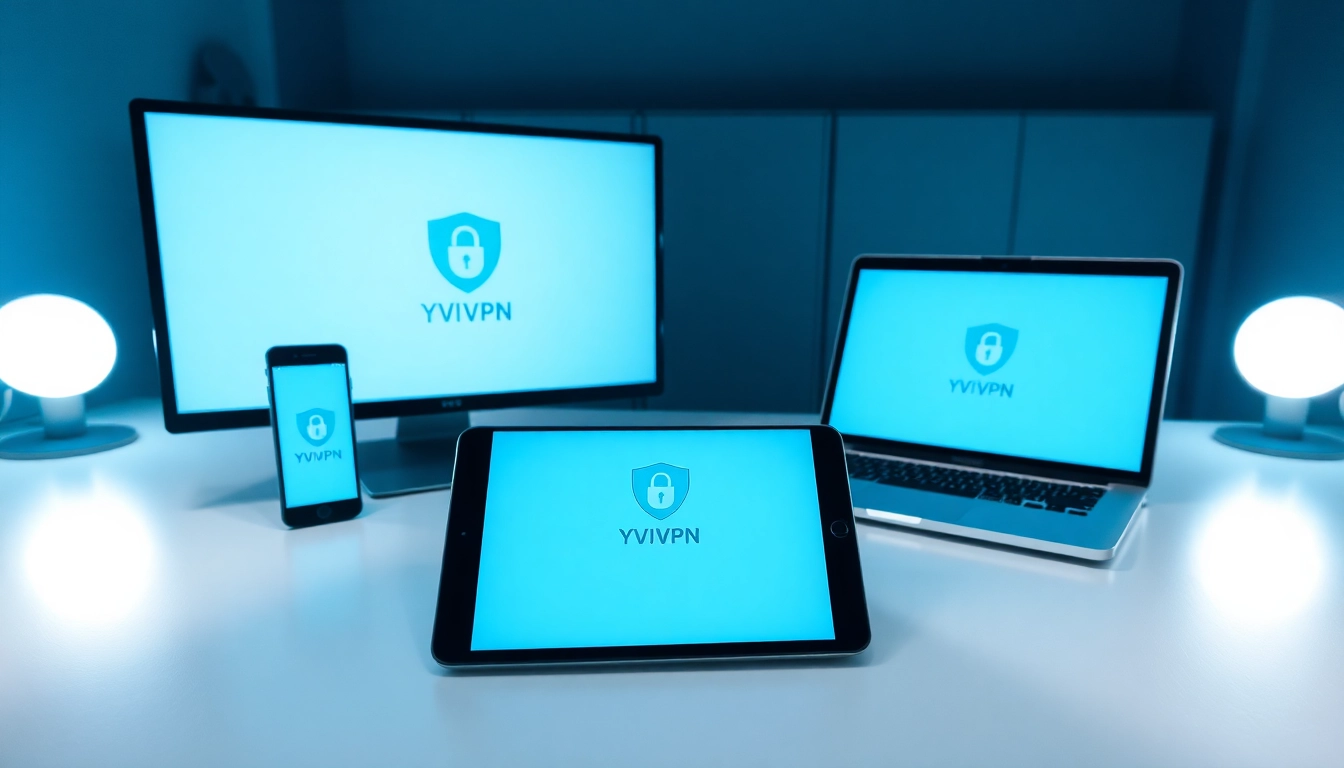 在现代工作区的多台设备上显示的快连 VPN 界面，展示安全性与易用性。