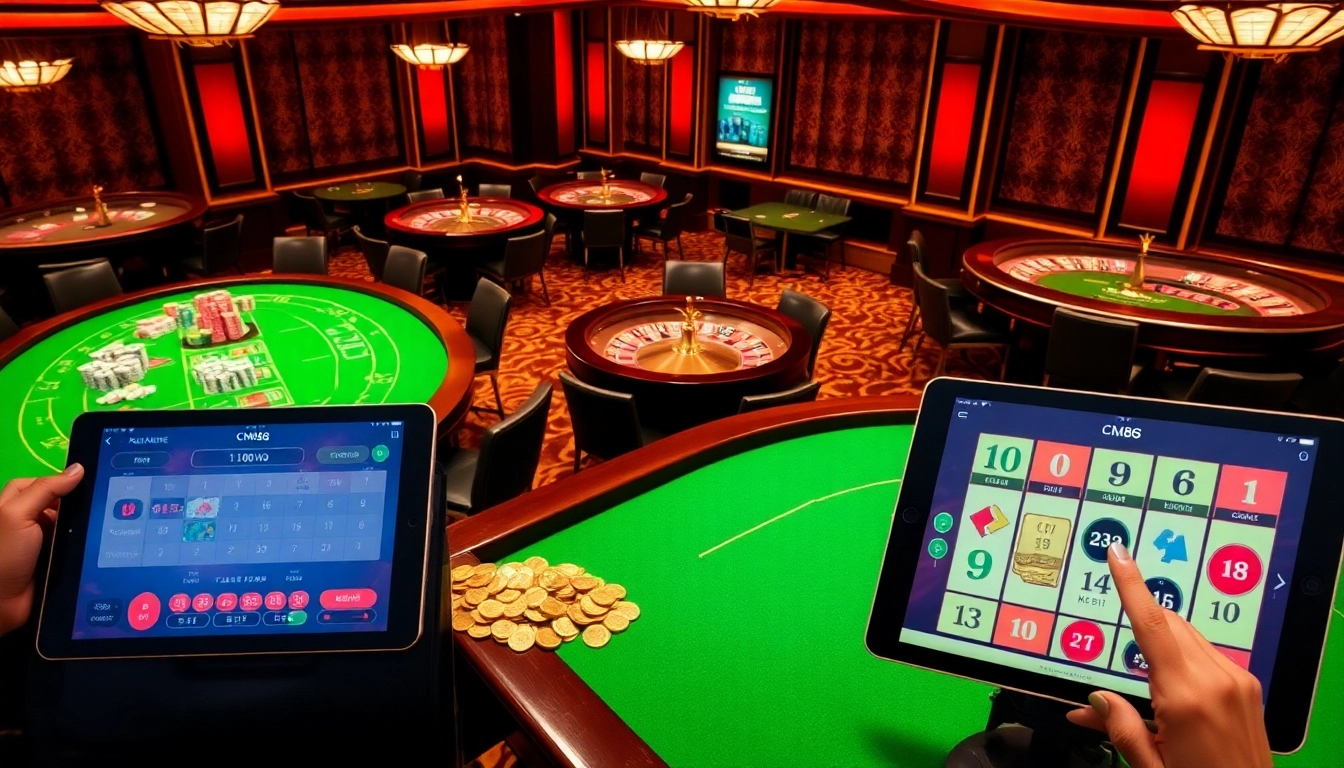 Experience the thrilling atmosphere at CM88 casino with vibrant gaming tables and online interfaces.