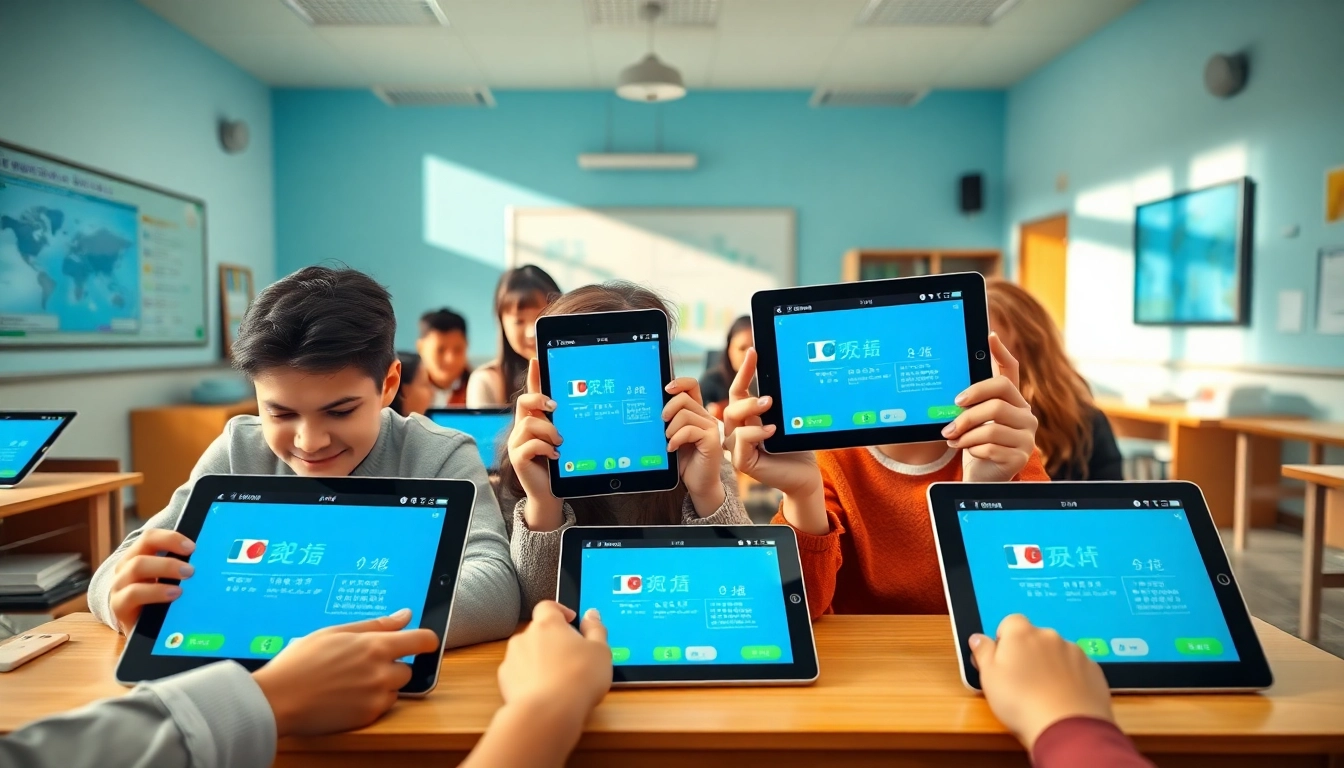 Youdao integrated in a modern classroom with students using tablets for language learning.