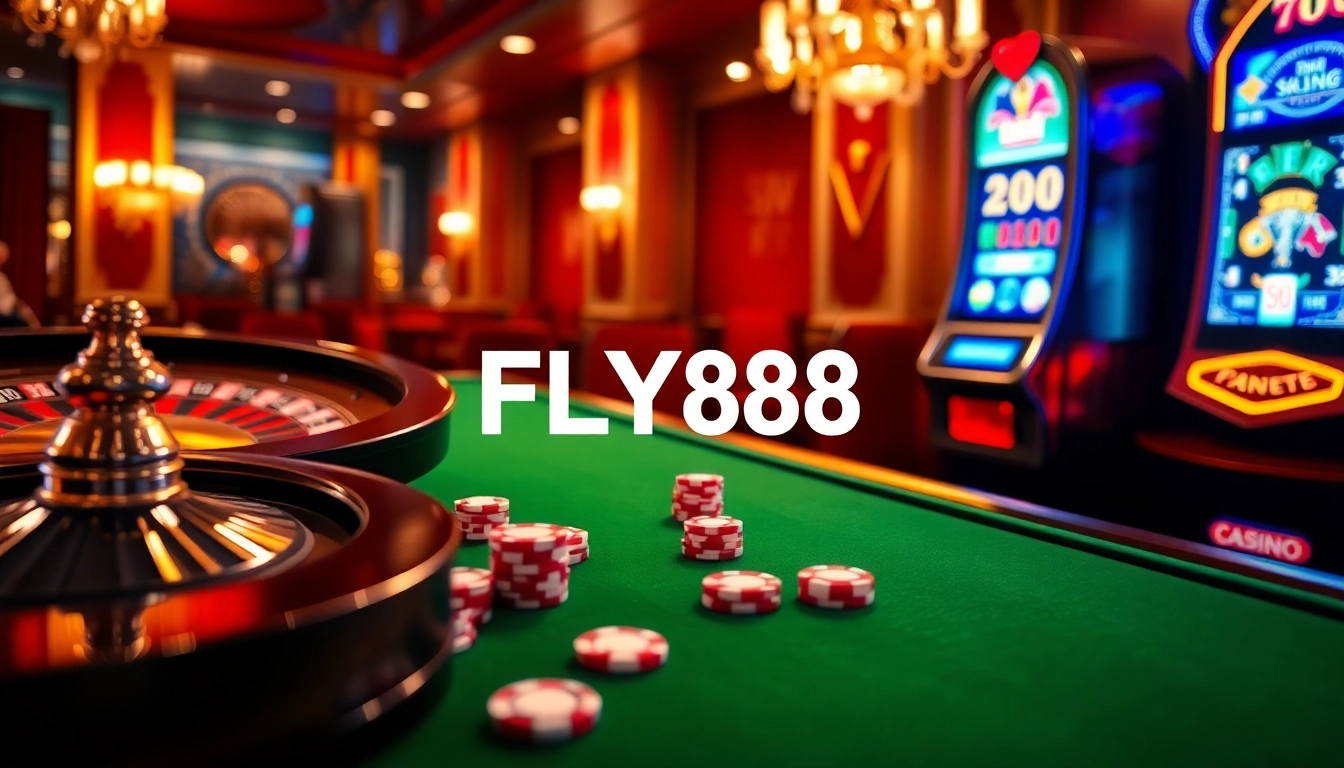 Experience the excitement of link dự phòng FLY88 with vibrant casino elements like roulette and poker.