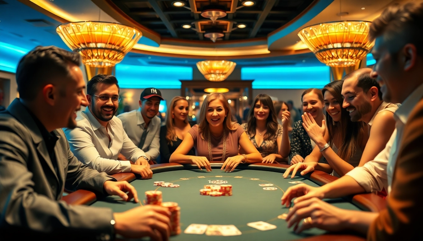 Jouez à casino en ligne france avec des joueurs enthousiastes autour d'une table de poker.
