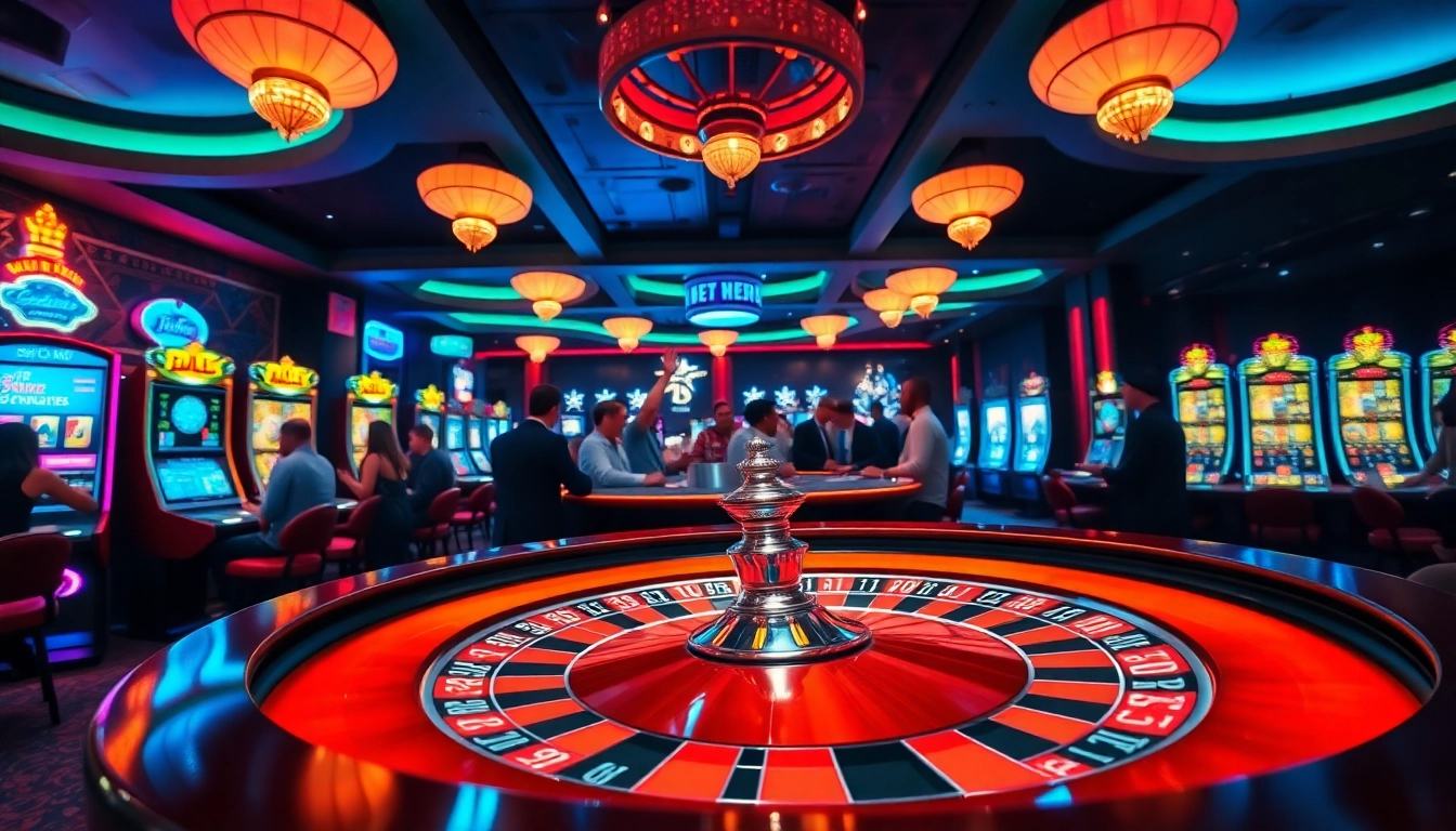 Jouer au casino en ligne avec des lumières vives, une ambiance excitante et une roulette.