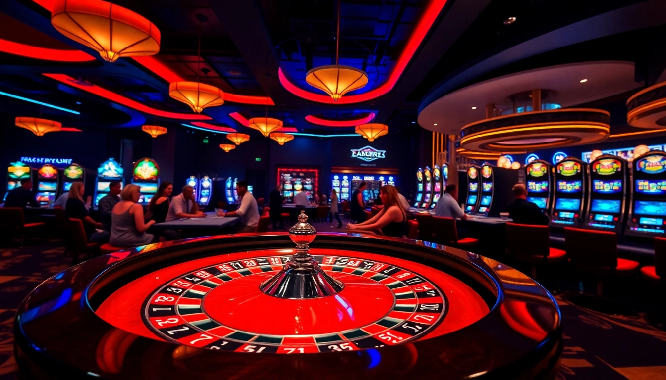 Jouer au casino en ligne avec des lumières vives, une ambiance excitante et une roulette. related image