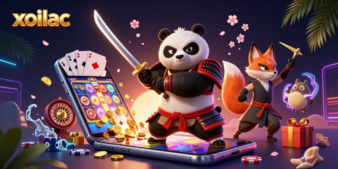 Engage with xoilac's vibrant slot games amid a dynamic scene with samurai, fox, and tanuki characters.
