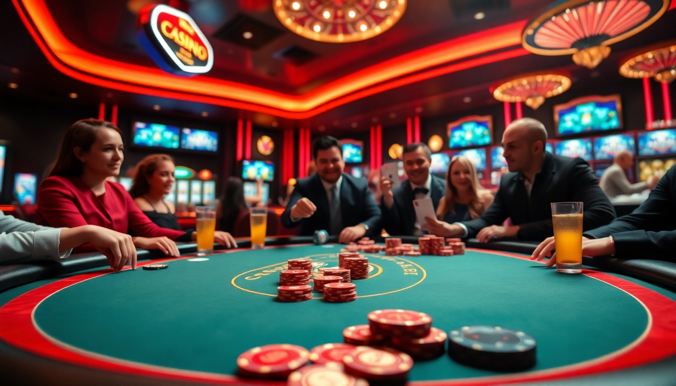 Casino en ligne: Action-packed poker scene with vibrant chips and excited players.