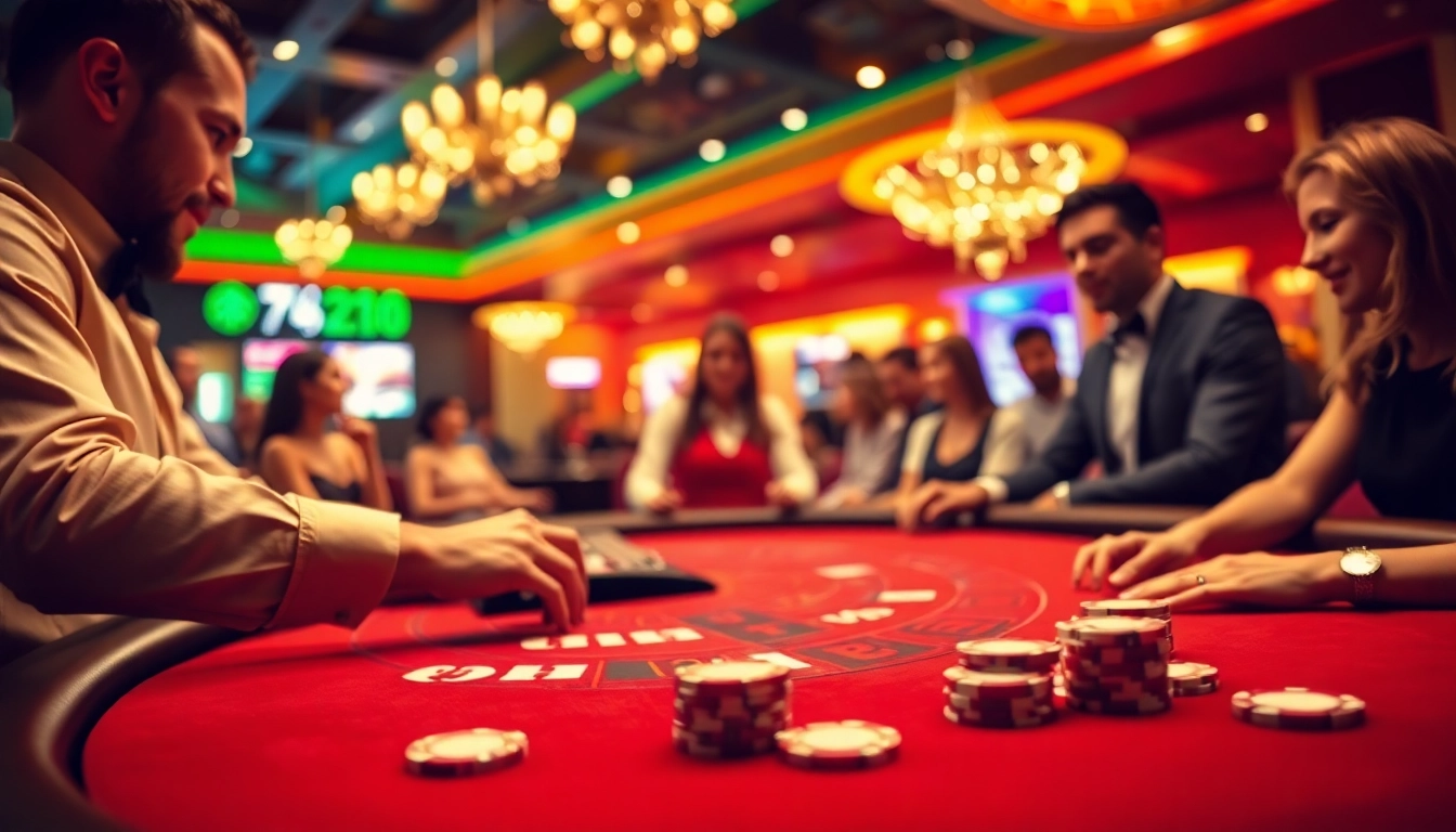 Joueurs captivés autour d'une table de blackjack dans un casino en ligne animé. related image