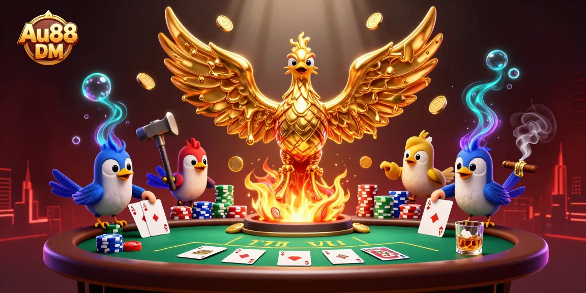 Engage with Au88 DM's thrilling casino atmosphere featuring a molten gold phoenix and vibrant poker elements.