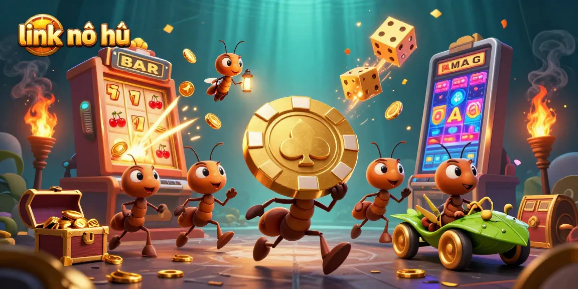 Engage with link nổ hũ action as adorable ants seize a giant poker chip amid dazzling casino treasures.