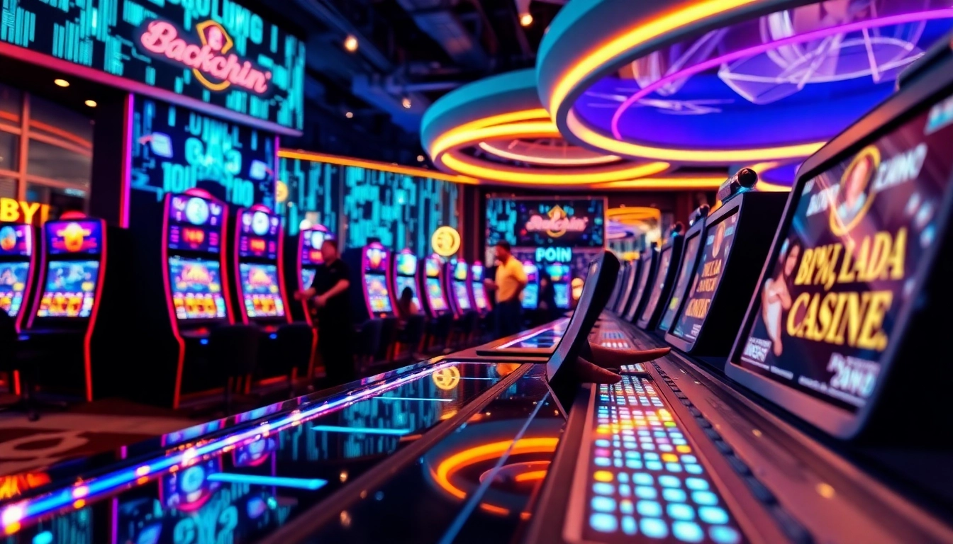 Profitez d'une expérience de jeu dans un casino crypto animé avec des machines à sous en lumière LED.