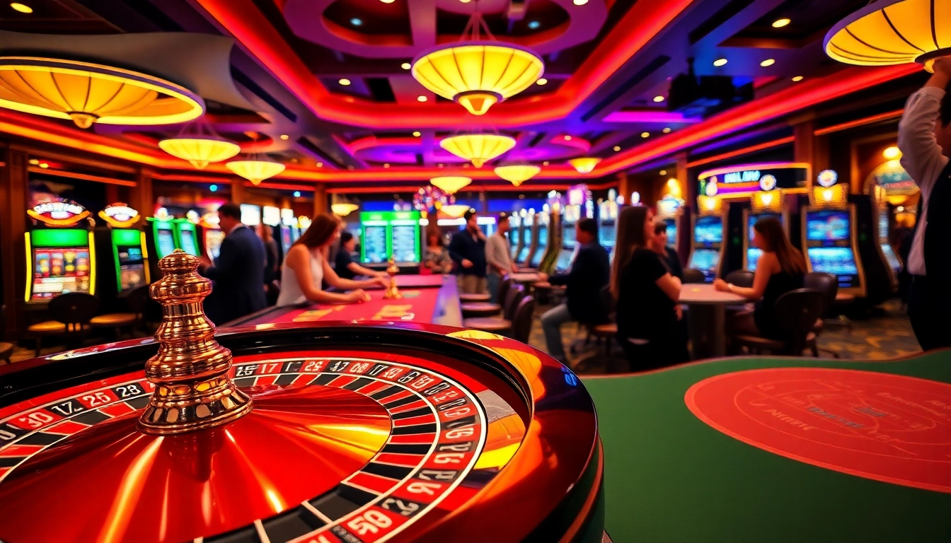Les passionnés de casino en ligne s'amusent autour d'une machine à sous colorée. related image