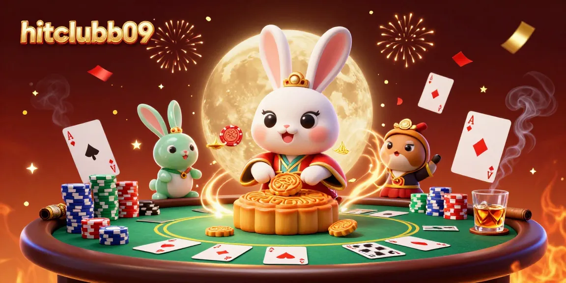 The moon rabbit pounds mooncakes revealing poker chips in a vibrant hitclubb09 casino scene.
