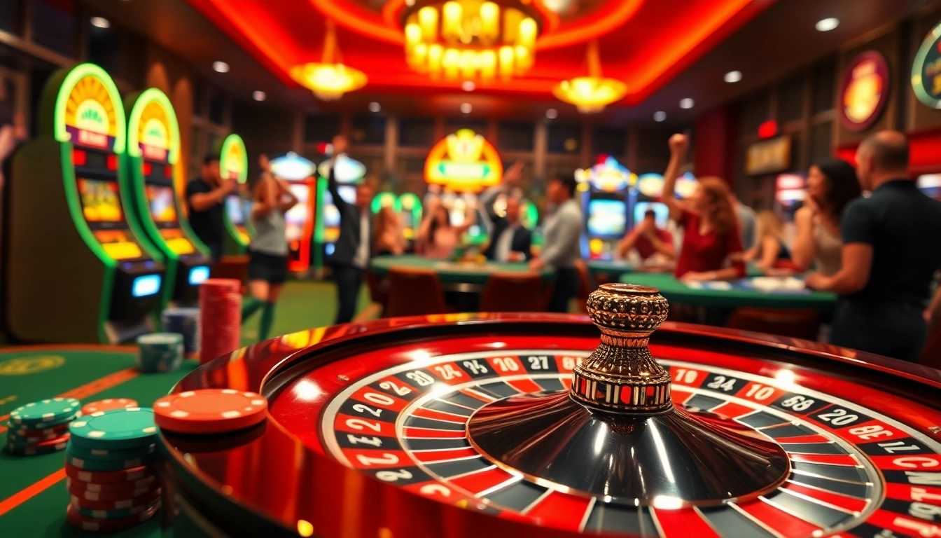 Jouer au casino en ligne avec une ambiance électrisante et des joueurs célébrant leurs gains. related image
