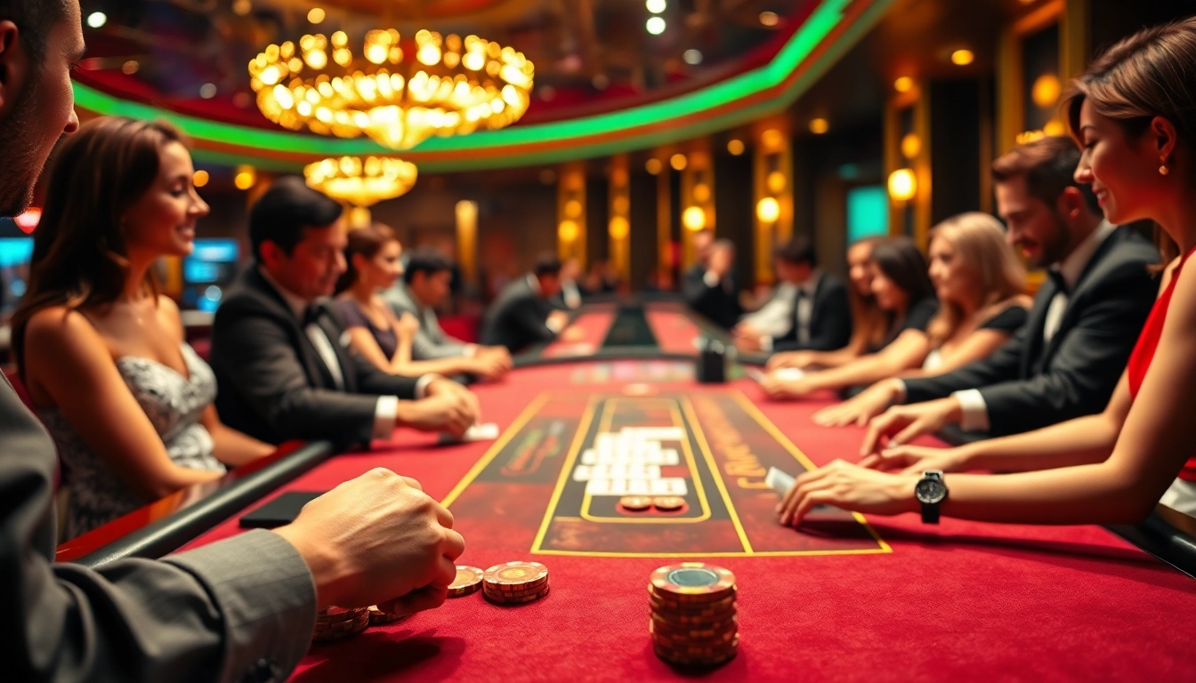 Joueurs captivés autour d'une table de blackjack dans un casino en ligne animé.