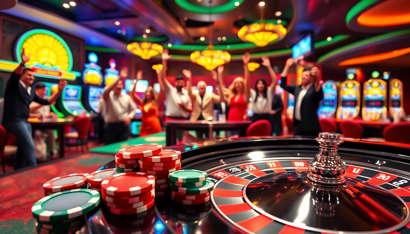 Jouer au casino en ligne avec une ambiance électrisante et des joueurs célébrant leurs gains.