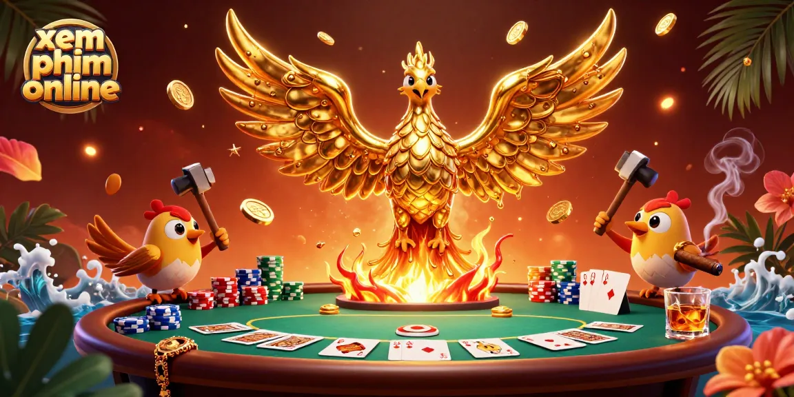 Xem phim online with a golden phoenix and poker elements, showcasing dynamic gambling action.