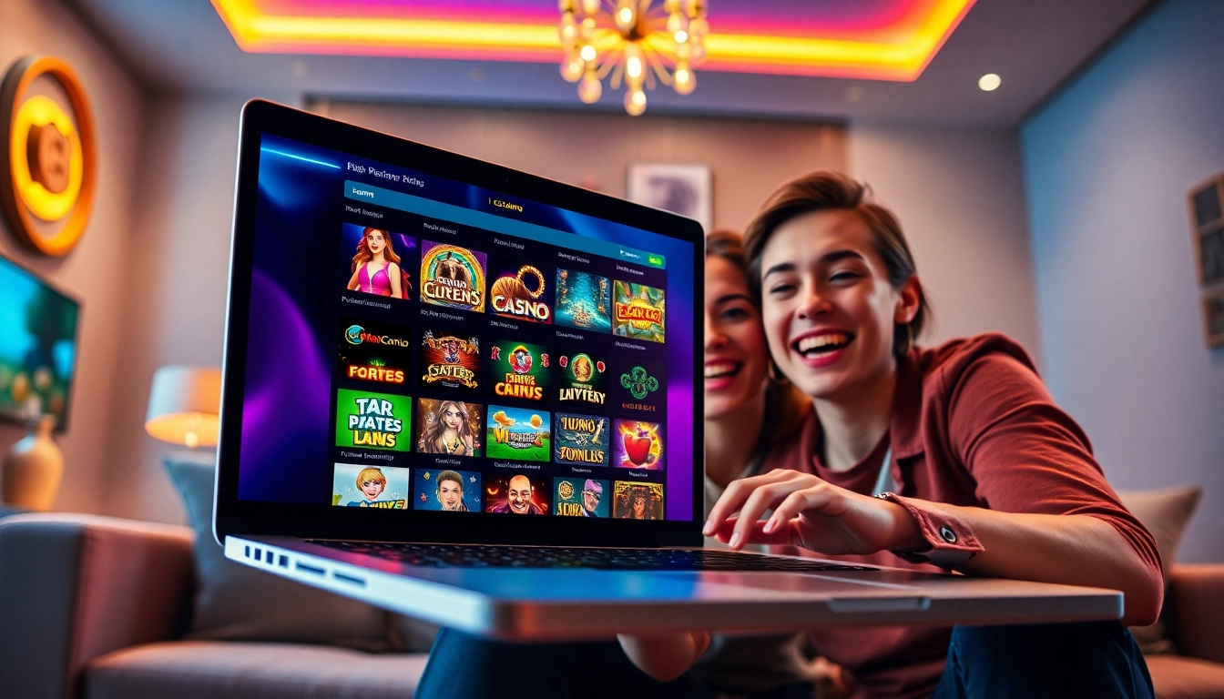 Players enjoying casino en ligne games on a modern laptop in an energetic setting.