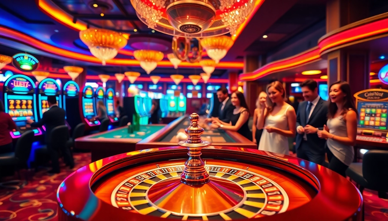 Les passionnés de casino en ligne s'amusent autour d'une machine à sous colorée.