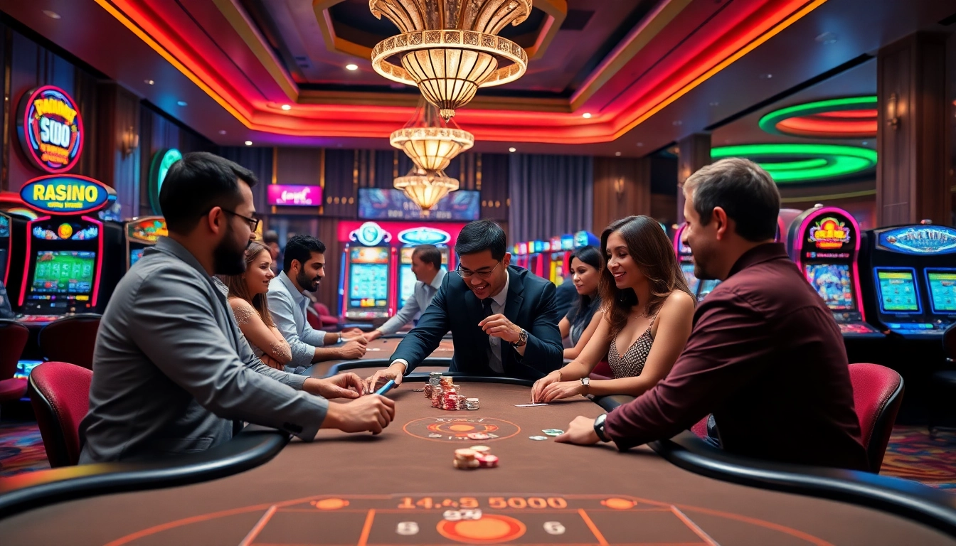 Découvrez un casino en ligne dynamique avec joueurs autour d'une table de jeux captivante.