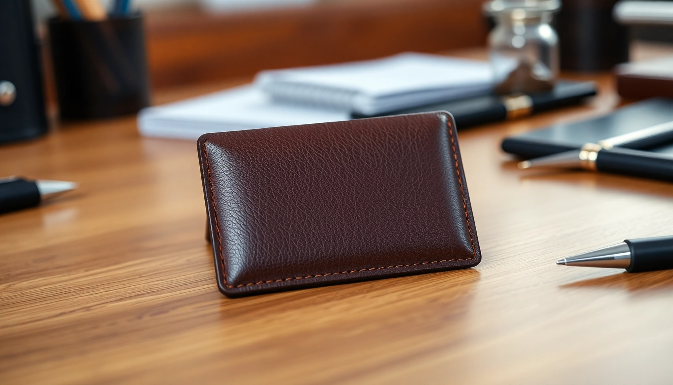 Porte cartes cuir élégant présent sur un bureau, soulignant sa qualité. related image