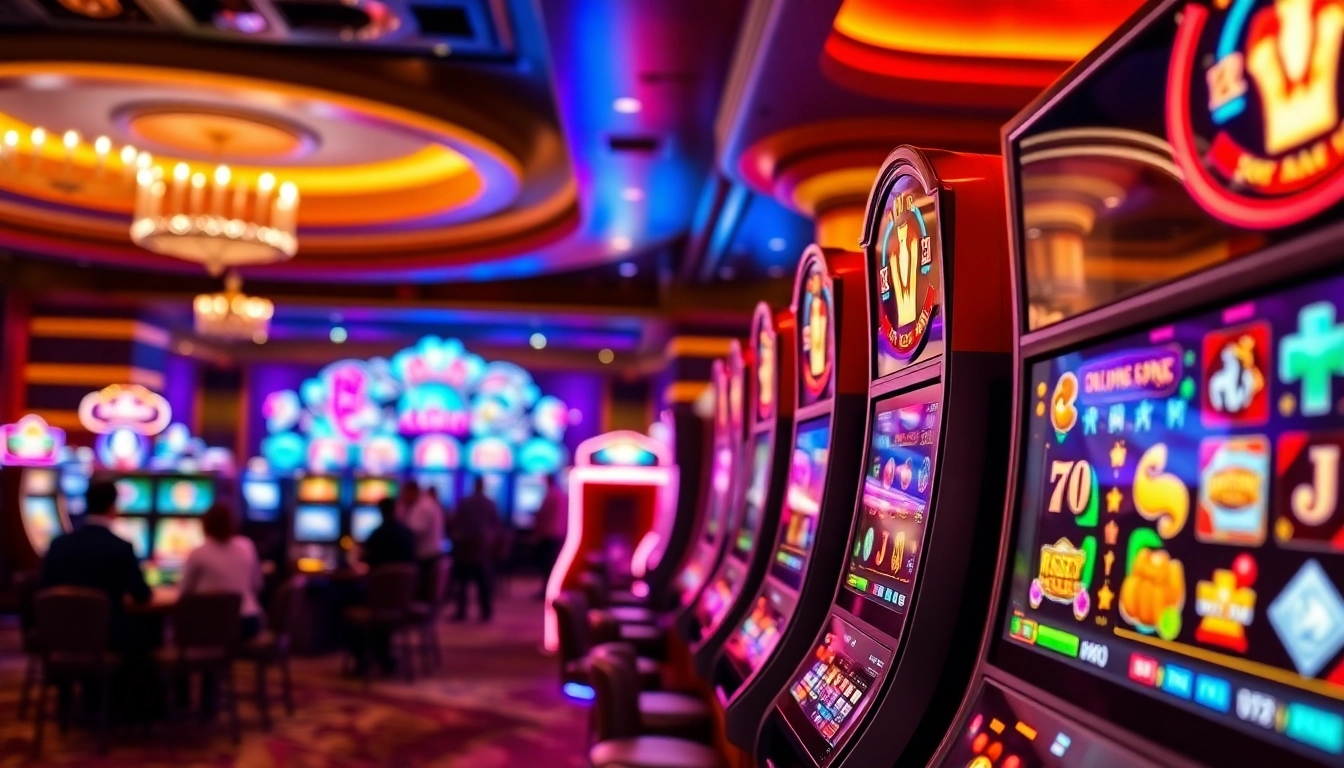Jouer aux machines à sous en ligne avec des lumières vives et une ambiance de casino captivante.