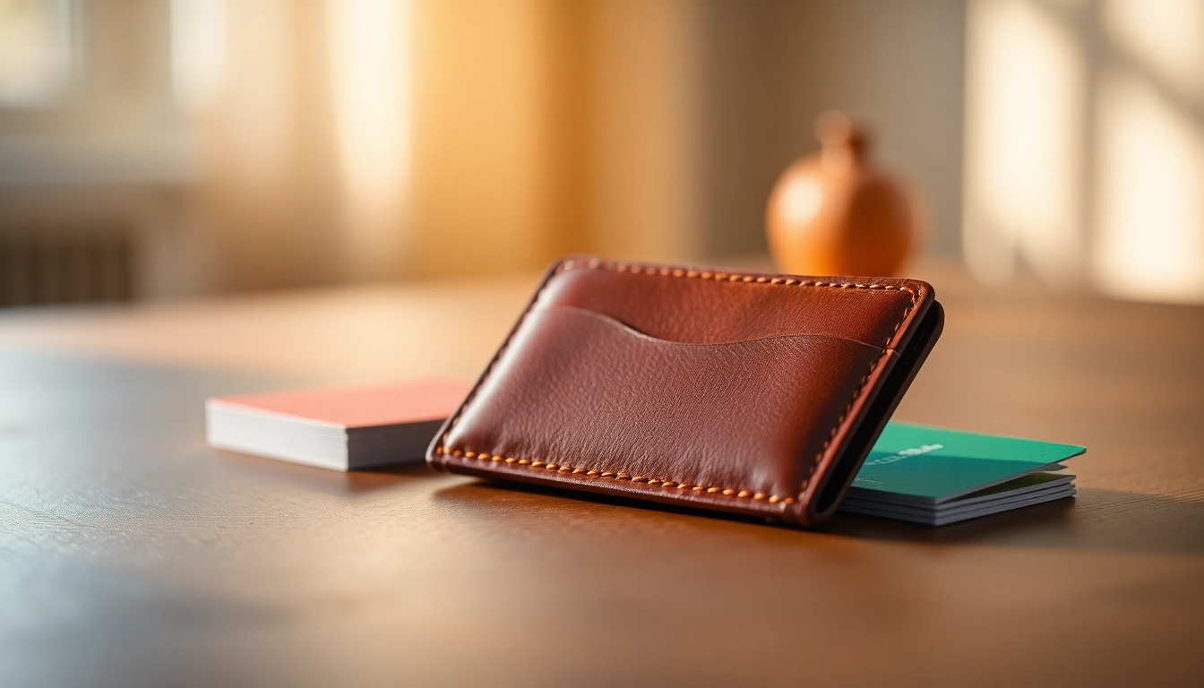 Un porte cartes cuir élégant avec une belle couture sur une table en bois related image