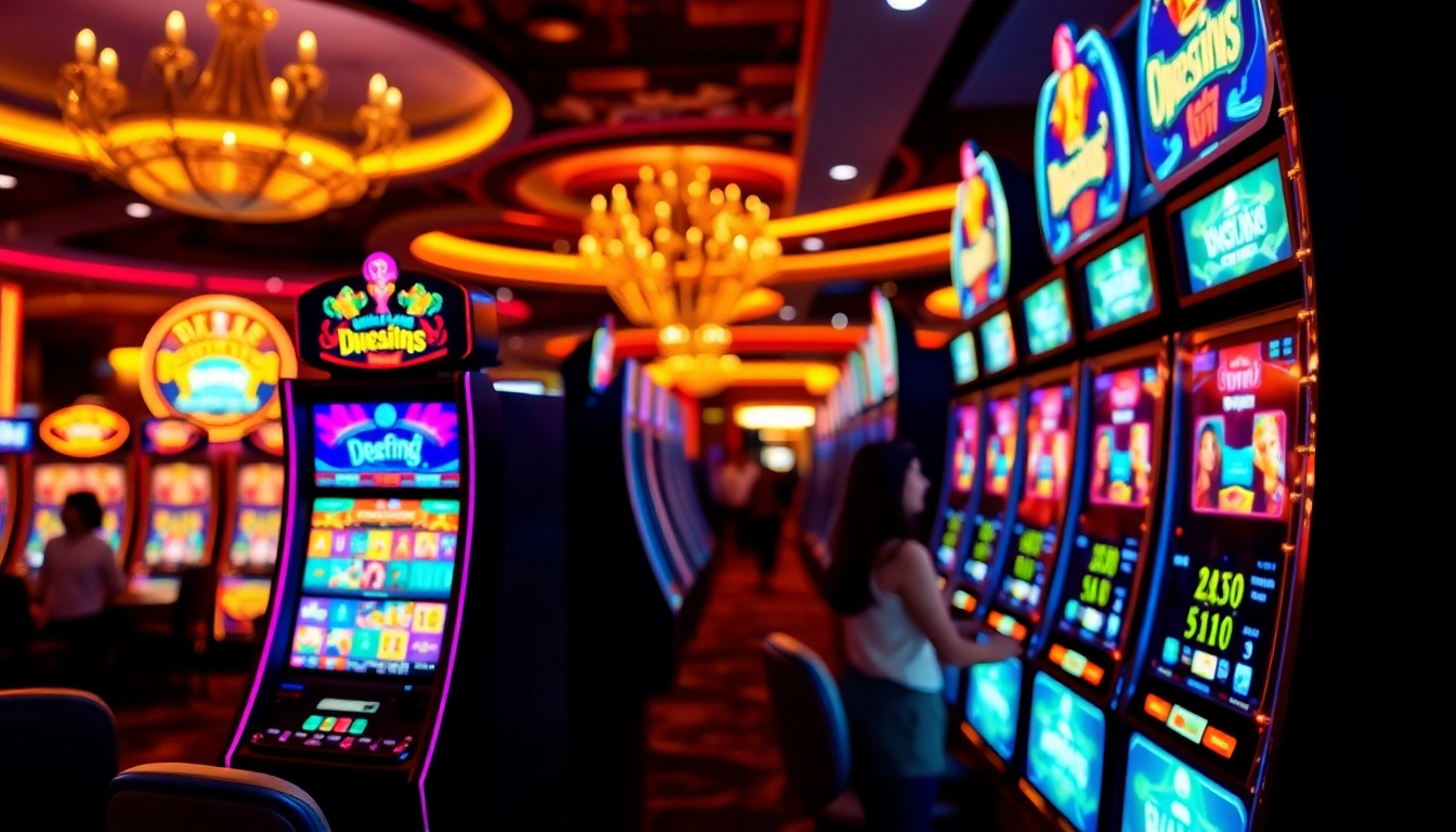 Jouer aux machines à sous en ligne avec des lumières vives et une ambiance de casino captivante. related image