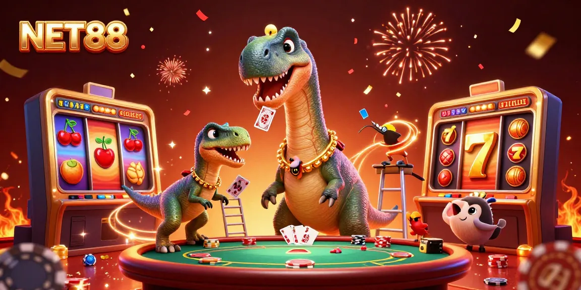 Engage with NET88's thrilling casino atmosphere featuring a towering brontosaurus and poker action.
