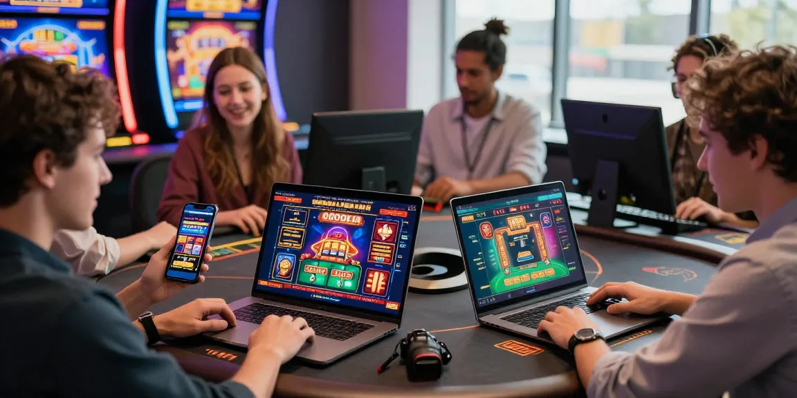 Scène d'un casino en ligne vibrant, avec des joueurs engagés autour de jeux et d'appareils, illustrant l'excitation du casino en ligne.