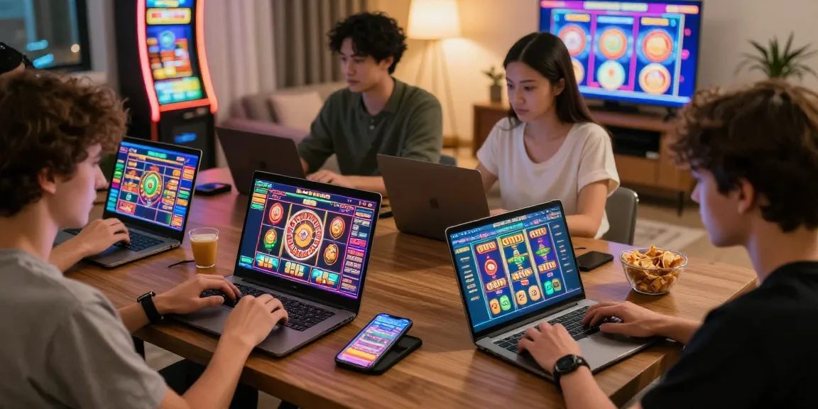 Casino en ligne : joueurs passionnés avec ordinateurs et smartphones s'amusant sur des jeux de casino colorés.