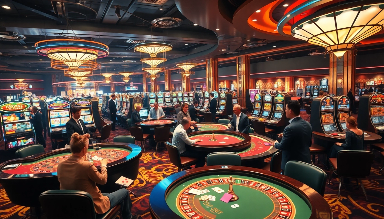 Retrait instantané sur site paris sportif en direct, avec joueurs autour de tables de casino animées.