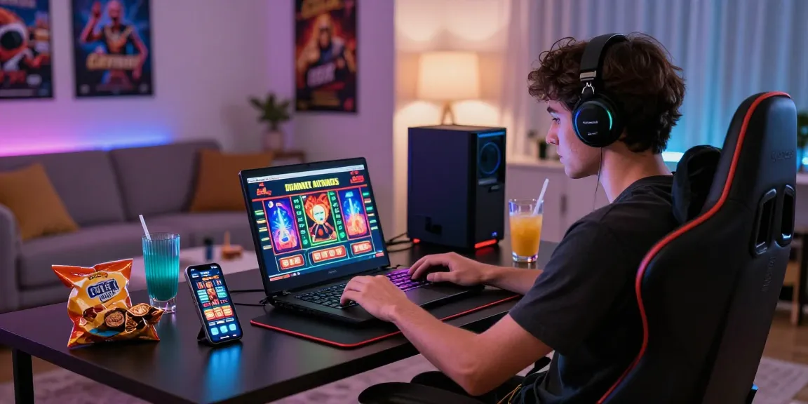 Joueur engagé sur un casino en ligne avec un ordinateur portable, accessoires colorés, ambiance immersive et confortable.