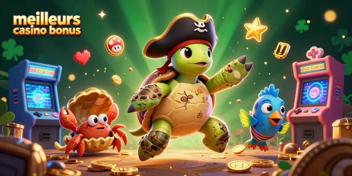 Les meilleurs bonus de casino en 2026 : une scène animée de jeux de casino avec une tortue pirate et ses compagnons.