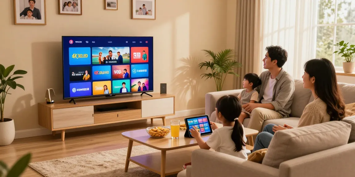 Profitez de l'abonnement IPTV avec une famille réunie devant la télévision, regardant des chaînes en 4K.